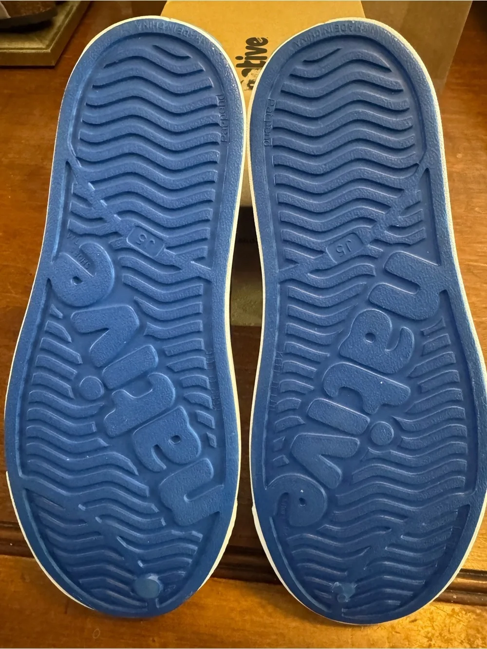 Native Jefferson Slip-On Shoes in Victoria Blue and Shell White
